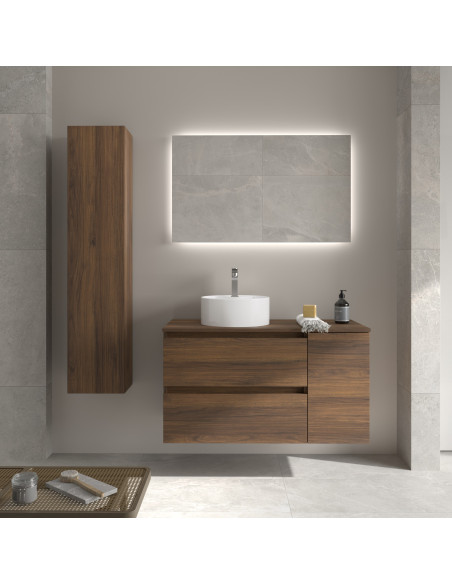 Mobile bagno Bequia 100 cm + 1 mobiletto con anta laterale reversibile + piano d'appoggio + lavabo Posar  Noce  100x45x56