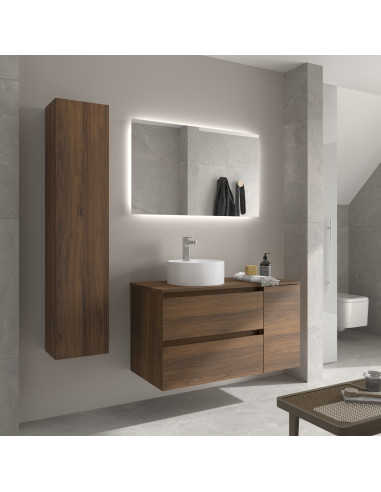 Mobile bagno Bequia 100 cm + 1 mobiletto con anta laterale reversibile + piano d'appoggio + lavabo Posar  Noce  100x45x56