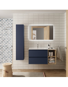 Mobile bagno Bequia da 90 cm + mobile lavabo destro a 2 fori + lavabo in ceramica  Blu opaco / Rovere  90x45x56