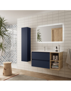 Mobile bagno Bequia da 90 cm + mobile lavabo destro a 2 fori + lavabo in ceramica  Blu opaco / Rovere  90x45x56 2