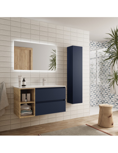 Mobile bagno Bequia 90 cm + mobile lavabo a 2 fori a sinistra + lavabo in ceramica  Blu opaco / Rovere  90x45x56