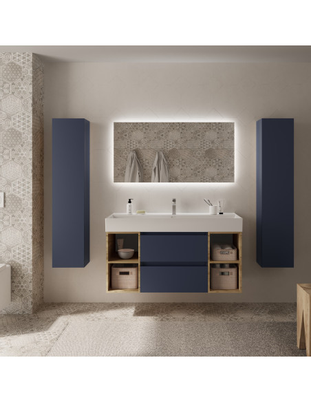 Mobile bagno Bequia 120 cm + mobile lavabo centrale a 2 fori + lavabo in ceramica  Blu opaco / Rovere  120x45x66