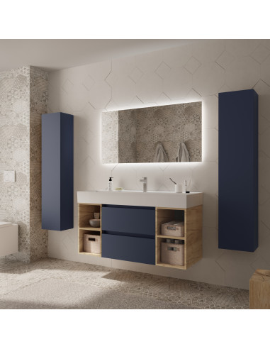 Mobile bagno Bequia 120 cm + mobile lavabo centrale a 2 fori + lavabo in ceramica  Blu opaco / Rovere  120x45x66