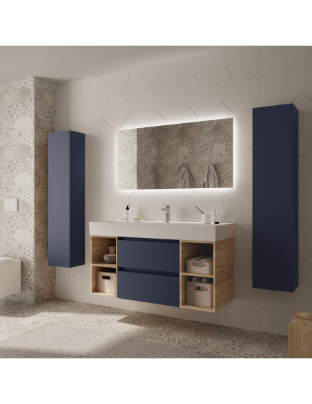 Mobile bagno Bequia 120 cm + mobile lavabo centrale a 2 fori + lavabo in ceramica  Blu opaco / Rovere  120x45x66