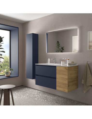 Mobile bagno Bequia 100 cm + 1 mobile lavabo con anta destra + lavabo in ceramica Blu opaco / Rovere 100x45x56