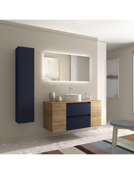 Mobile bagno Bequia 120 cm + 1 mobile lavabo con anta centrale + piano d'appoggio + lavabo  Blu opaco / Rovere  120x45x56