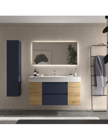 Mobile bagno Bequia 120 cm + mobile lavabo centrale con anta singola + lavabo in ceramica  Blu opaco / Rovere  120x45x66