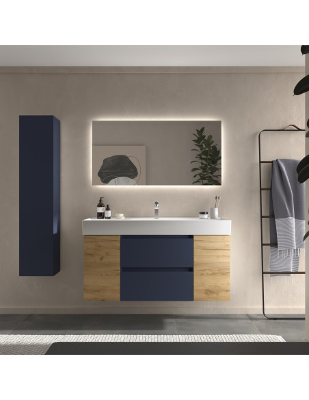 Mobile bagno Bequia 120 cm + mobile lavabo centrale con anta singola + lavabo in ceramica  Blu opaco / Rovere  120x45x66
