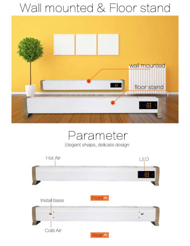 Stufa elettrica a battiscopa 2000W SINED: design elegante, alta efficienza energetica e funzionamento silenzioso.