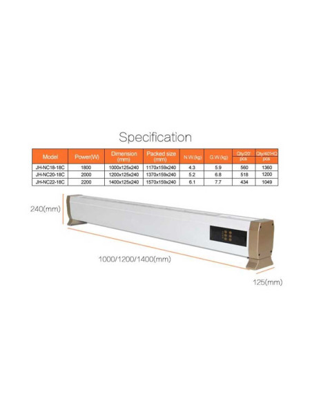 Stufa elettrica a battiscopa 2000W SINED: design elegante, alta efficienza energetica e funzionamento silenzioso.