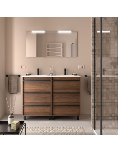 COMPOSIZIONE ATTILA CM.120X46 CON 6 CASSETTI, DOPPIO LAVABO E SPECCHIERA CON LAMPADA A LED NOCE MAYA