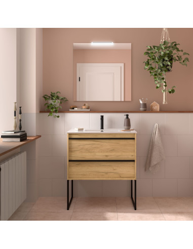 COMPOSIZIONE ATTILA CM.80X46 CON 3 CASSETTI, SPECCHIERA LAMPADA A LED ROVERE AFRICA