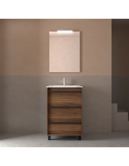 COMPOSIZIONE ATTILA CM.60X46 CON 3 CASSETTI, SPECCHIERA LAMPADA A LED NOCE MAYA